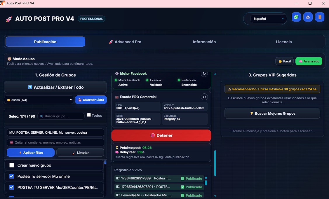 Bot Auto Post PRO V4 funcionando con gestión de grupos y publicaciones