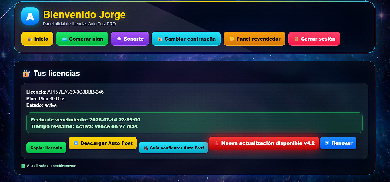 Panel del cliente Auto Post PRO con licencia y descarga